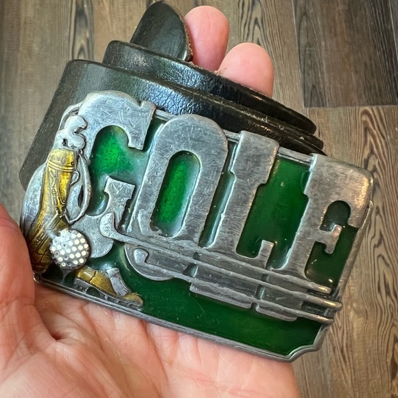 Vintage Other - Vintage 80s Genuine Leather belt big 1985 GOLF buckle by siskiyou Williams OR